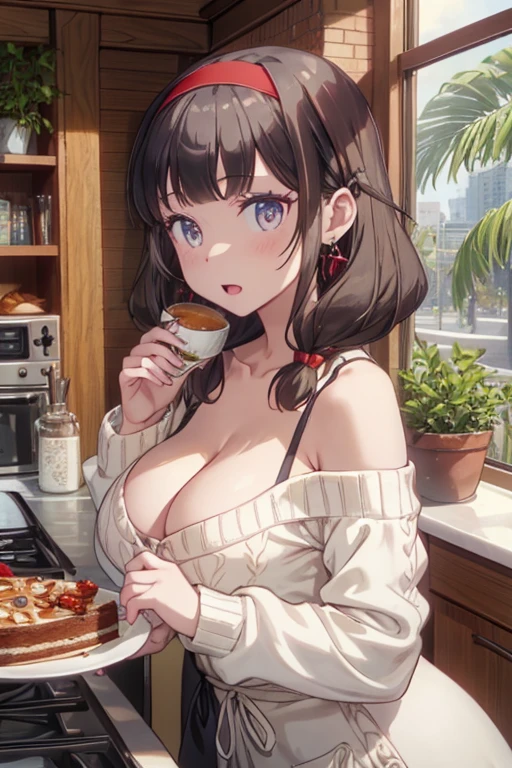 masterpiece, yor, 1girl, Amazing Cleavage:1.3, thin waist, big ass, Raised sexy, medium breast: 1.8 posed cleavage:1.2、solo, looking at viewer, open mouth, have a cup of coffee,black hair, red eyes, dress, bare shoulders, jewelry, collarbone, sidelocks, hairband, earrings, indoors, off shoulder, :o, sweater, arms behind back, plant, short hair with long locks, white hairband, off-shoulder dress, sweater dress, off-shoulder sweater, red sweater, big side hair, very long side hair,is rendered in (masterpiece: 1.2, best quality), with (ultra high resolution) and an exquisite (depth of field). This masterpiece is not only visually stunning but also tells, make of cake cooking ,in the kitchen