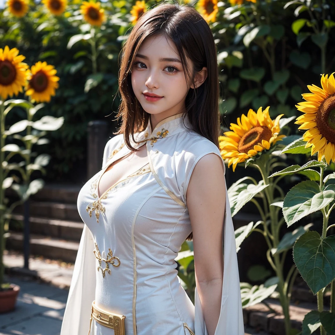 Top-quality Realistic,Official art,Highly detailed CG Unity 8k wallpaper,ultra-detailliert,hight resolution,Physically-based rendering,Magnificat,finely detail,masterpiece,Best Quality,ultra detailed,Mature beauty,Beautiful women,1girl,moist lips,sexy lips,Sexy smile,Gentle smile, 20 years old, Beautiful bare skin,Smooth bare skin, big well-shaped breasts, beautiful cleavage,beautiful Mature body,swept bangs,(Medium hair:1.3), beautiful detailed eyes,model shoot style,Japanese Idol,Full-body,((Sunflower street blooming on both sides)),BREAK, ((Ao dai with side slit:1.3)),(vietnamese national costume),Standing model pose,Delicately expressed eyes,cute smile,walking model pose,crossed arms,((Extreme close-up)),shoot from above,