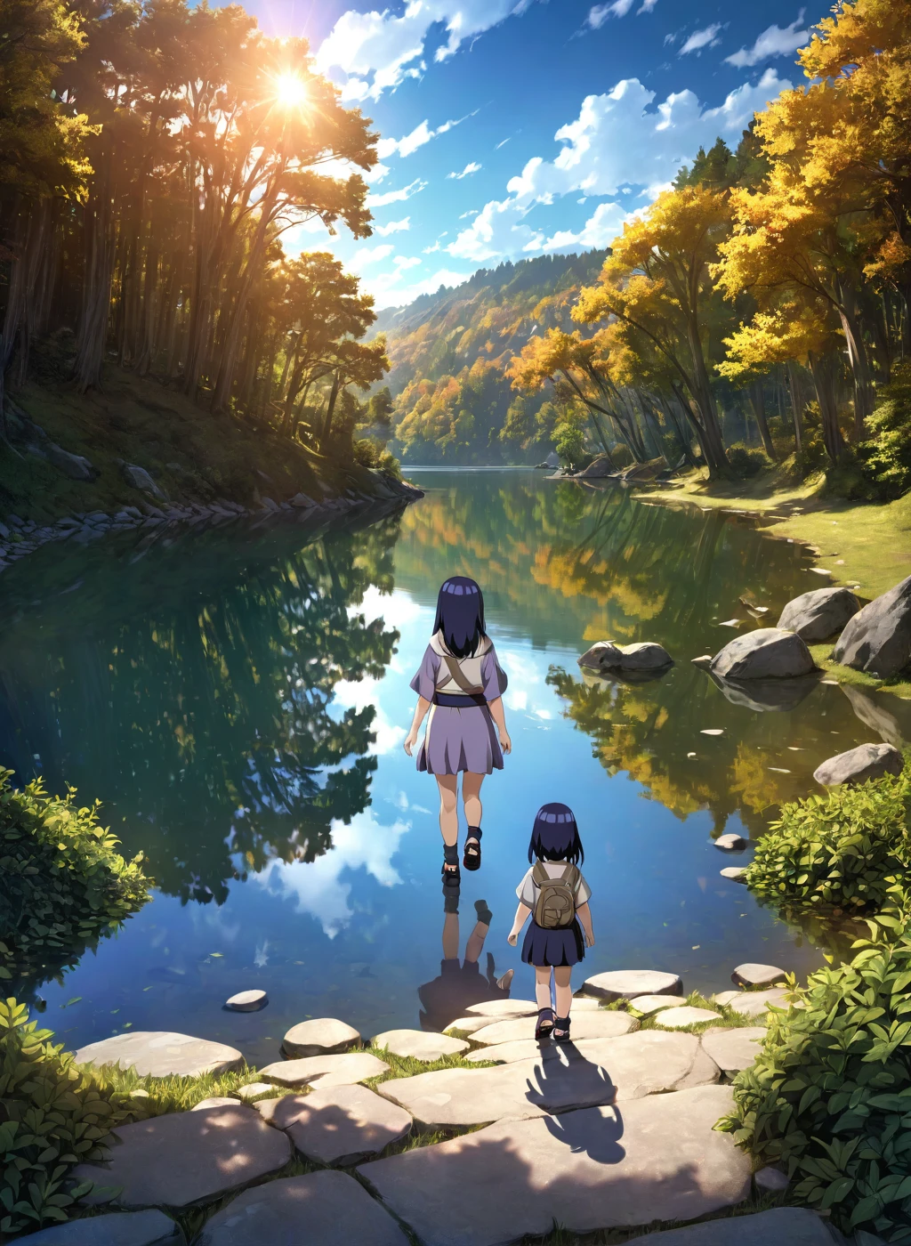  child-Hinata, long hair, walk next to lake, [enchanting, surreal, studio lighting, HDR, UHD, K]