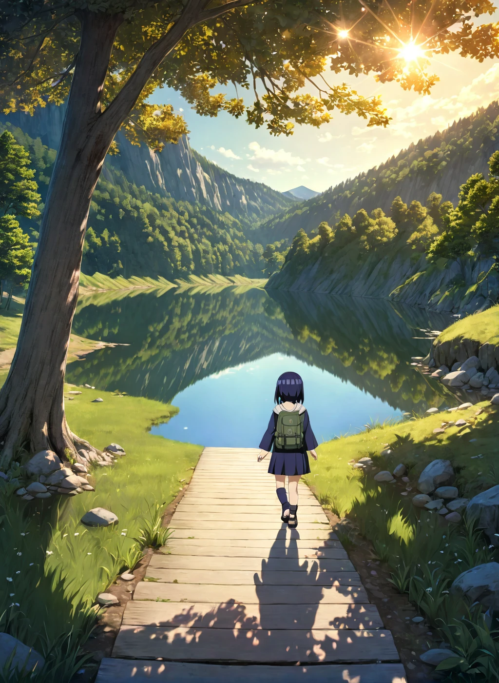  child-Hinata, long hair, walk next to lake, [enchanting, surreal, studio lighting, HDR, UHD, K]