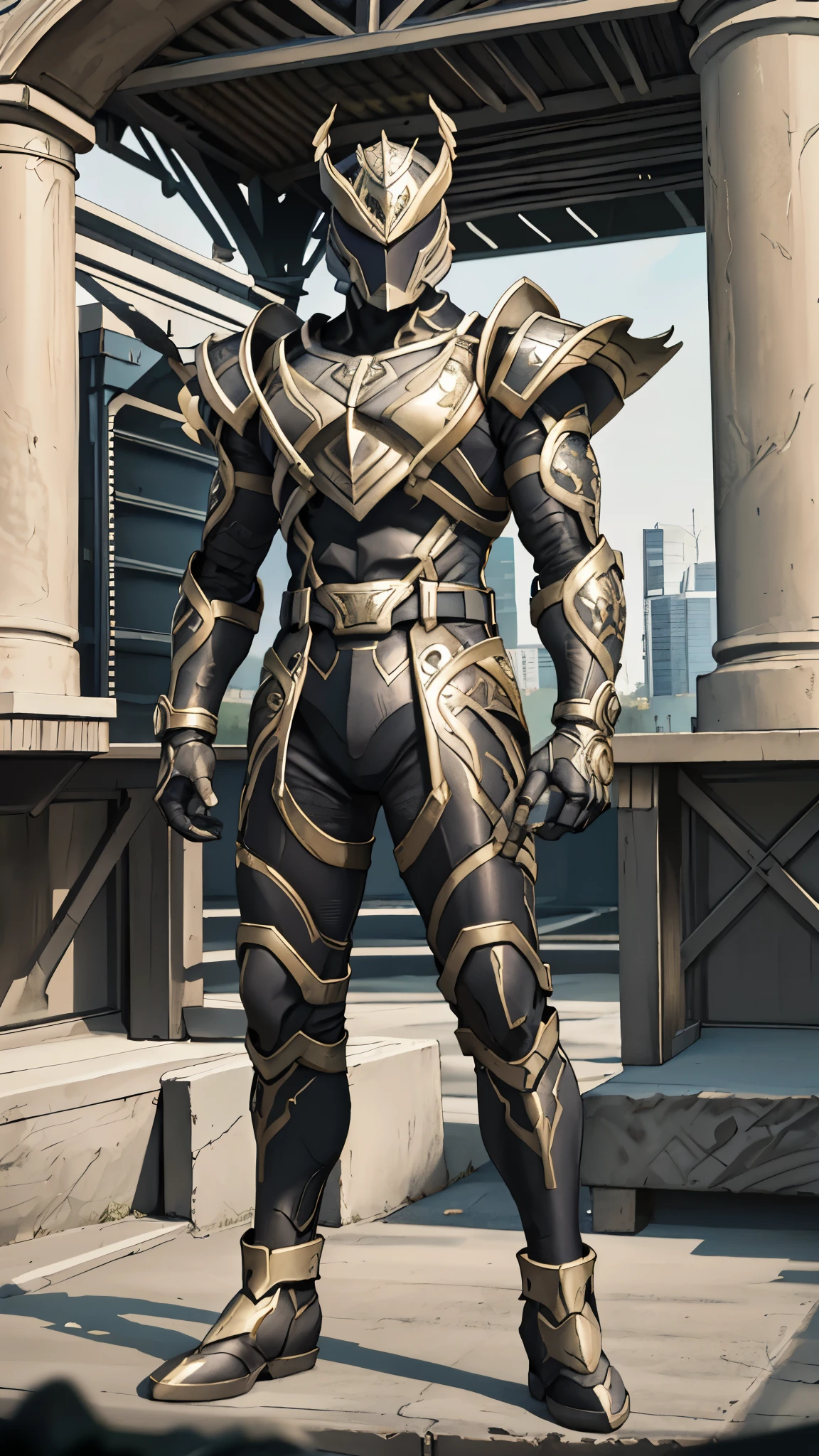 A man wearing a full-face helmet, a fantasy-style biomecha armored combat suit, green eyes, a composite layered chest armor, fully enclosed shoulder guards, matching arm and leg guards, the belt is adorned with dragon claw grasping orbs, primarily black with red accents, the design balances heavy with agility, a high-tech biological armor, concept inspired by dragons, stands on the skyscraper of a futuristic high-tech city, this character embodies a finely crafted fantasy-surreal style armored hero in anime style, exquisite and mature manga art style, ((male:1.5)), metallic, real texture material, dramatic, high definition, best quality, highres, ultra-detailed, ultra-fine painting, extremely delicate, professional, perfect body proportions, golden ratio, anatomically correct, symmetrical face, extremely detailed eyes and face, high quality eyes, creativity, RAW photo, UHD, 32k, Natural light, cinematic lighting, masterpiece-anatomy-perfect, masterpiece:1.5