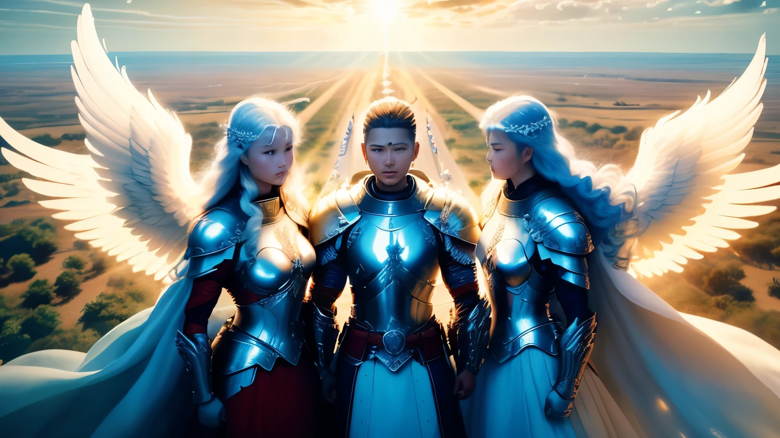 army of warrior angels, white armors , warrior angels, arcanjos, ,ultra high resolution, Aerial view , , blessed, aura, Flying in the sky , Asas
