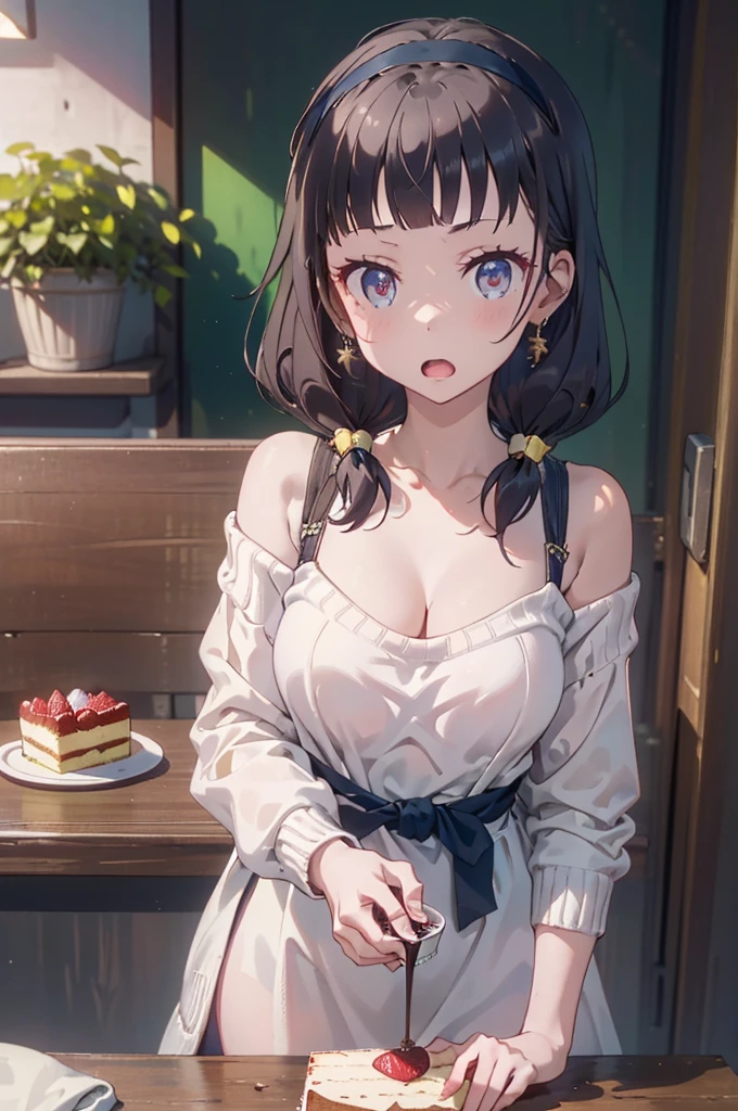 ​masterpiece、top-quality、(brown colored long hair、I have bangs:1.1)、25 year old woman with purple eyes、Wearing a white off-the-shoulder blouse、(emphasis on the chest:1.1)、(Embarrassed expression:1.3)、(Staring:1.5)、(Close-up of the subject's face:1.3)、is standing、five perfect and beautiful fingers、Place the camera above the subject、The background is a cake shop、Bold composition、Upper body is shown、Alone