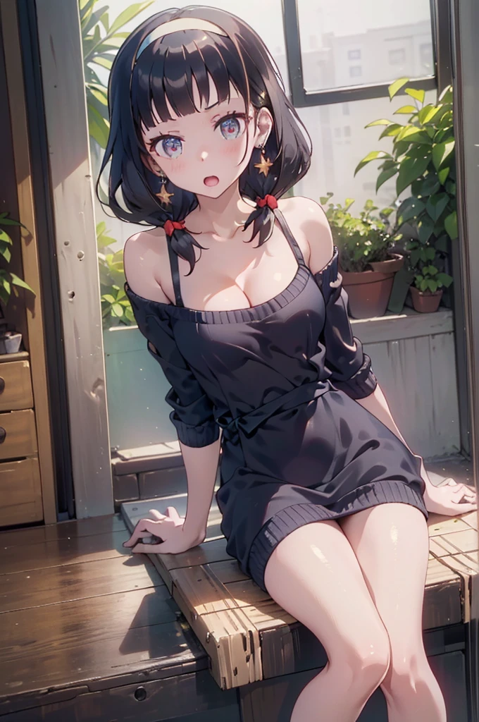 masterpiece, yor, 1girl, Amazing Cleavage:1.3, thin waist, big ???, Raised ????, medium ??????: 1.8 posed cleavage:1.2、solo, looking at viewer, open mouth, have a cup of coffee,black hair, red eyes, dress, ???? shoulders, jewelry, collarbone, sidelocks, hairband, earrings, indoors, off shoulder, :o, sweater, arms behind back, plant, short hair with long locks, white hairband, off-shoulder dress, sweater dress, off-shoulder sweater, red sweater, big side hair, very long side hair,is rendered in (masterpiece: 1.2, best quality), with (ultra high resolution) and an exquisite (depth of field). This masterpiece is not only visually stunning but also tells, make of cake cooking ,in the kitchen