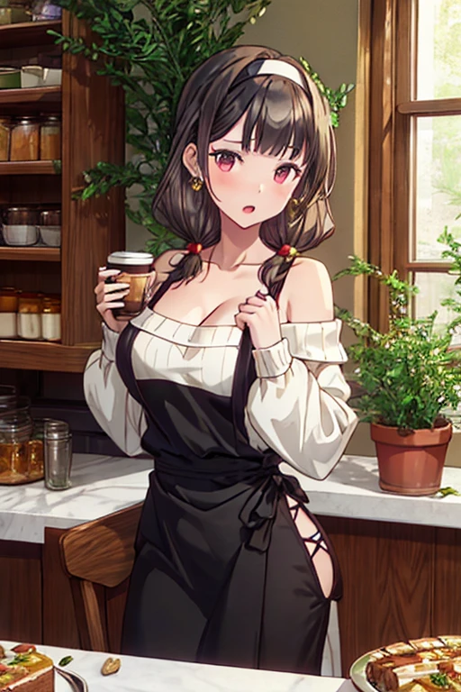 masterpiece, yor, 1girl, Amazing Cleavage:1.3, thin waist, big ass, Raised sexy, medium breast: 1.8 posed cleavage:1.2、solo, looking at viewer, open mouth, have a cup of coffee,black hair, red eyes, dress, bare shoulders, jewelry, collarbone, sidelocks, hairband, earrings, indoors, off shoulder, :o, sweater, arms behind back, plant, short hair with long locks, white hairband, off-shoulder dress, sweater dress, off-shoulder sweater, red sweater, big side hair, very long side hair,is rendered in (masterpiece: 1.2, best quality), with (ultra high resolution) and an exquisite (depth of field). This masterpiece is not only visually stunning but also tells, make of cake cooking ,in the kitchen