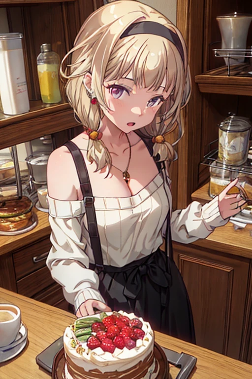 masterpiece, yor, 1girl, Amazing Cleavage:1.3, thin waist, big ass, Raised sexy, medium breast: 1.8 posed cleavage:1.2、solo, looking at viewer, open mouth, have a cup of coffee,black hair, red eyes, dress, bare shoulders, jewelry, collarbone, sidelocks, hairband, earrings, indoors, off shoulder, :o, sweater, arms behind back, plant, short hair with long locks, white hairband, off-shoulder dress, sweater dress, off-shoulder sweater, red sweater, big side hair, very long side hair,is rendered in (masterpiece: 1.2, best quality), with (ultra high resolution) and an exquisite (depth of field). This masterpiece is not only visually stunning but also tells, make of cake cooking ,in the kitchen
