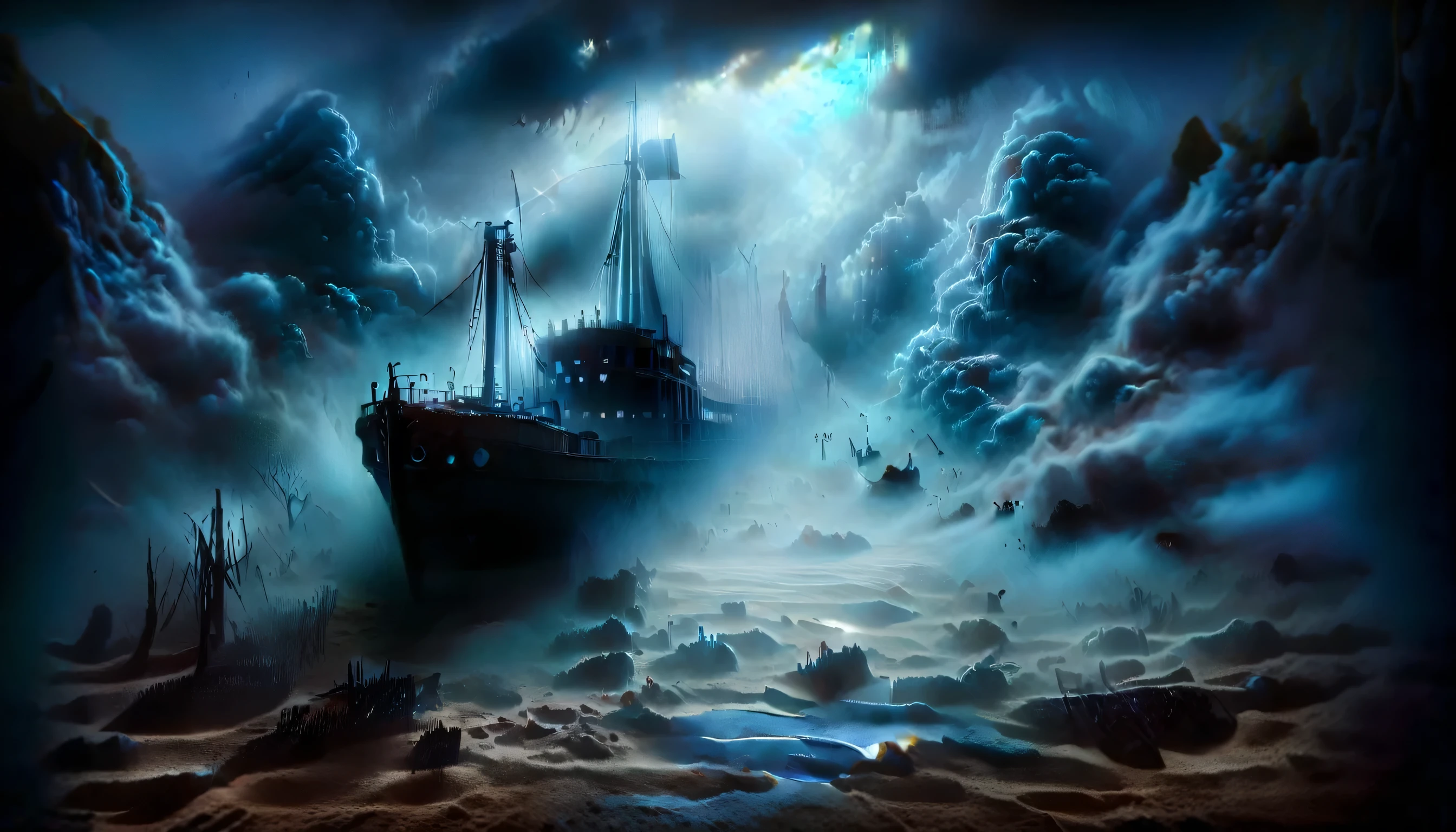 An ais-abandz ship on a foggy shoreline with remnants of its journey scattered around ais-sinisterz,4k, uhd,masterpiece