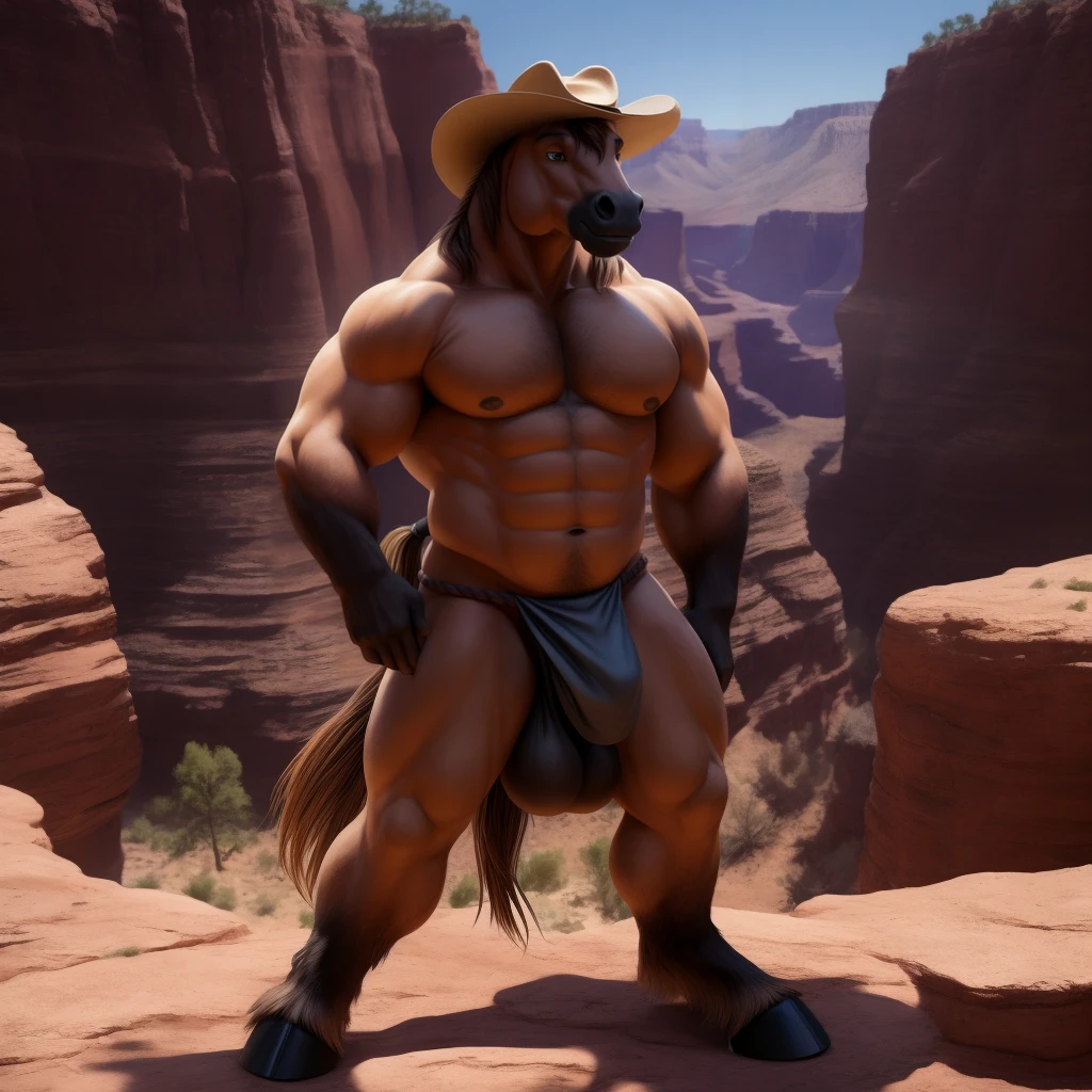 Furry, Antro, [Horse color Marron Oscuro] , Horse Tail, [Fundoshi Bulto Male Big], [Fundoshi BLANCO], loincloth, Solo, De Pie, [Bulto Male Big], Hooves , (Big Balls), Detallado 4k, cuerpo completo, cuerpo furry Marron dark, Grand Canyon background , pupil Eyes blue, Alta resolucion, hermoso, Furry Torso, cowboy hat