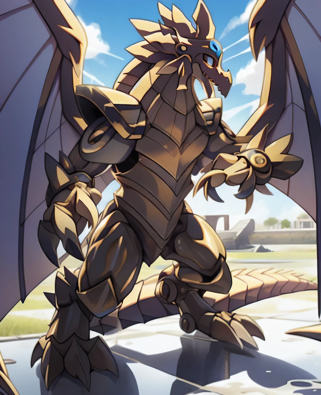 sky_go,Tail,armor,luminescent,The Winged Dragon of Ra (YGO),blush,Wear,Milk spilled all over the floor,Splashed on