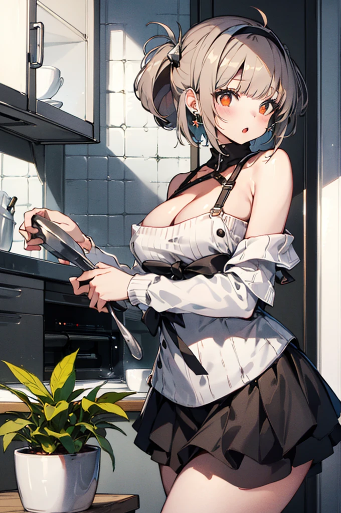 masterpiece, high resolution, high quality, kitchen, cooking, apron, white kimono, big breasts, cat ears, floral pattern, yellow eyes, gray hair, twintails,