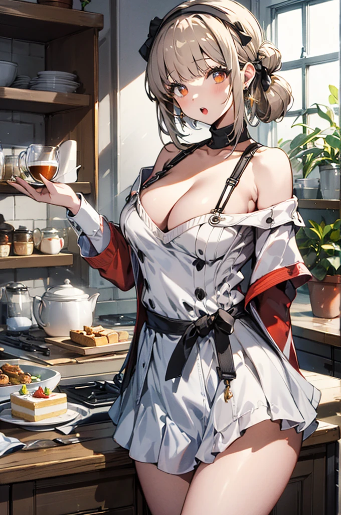 masterpiece, yor, 1girl, Amazing Cleavage:1.3, thin waist, big ass, Raised sexy, medium breast: 1.8 posed cleavage:1.2、solo, looking at viewer, open mouth, have a cup of coffee,black hair, red eyes, dress, bare shoulders, jewelry, collarbone, sidelocks, hairband, earrings, indoors, off shoulder, :o, sweater, arms behind back, plant, short hair with long locks, white hairband, off-shoulder dress, sweater dress, off-shoulder sweater, red sweater, big side hair, very long side hair,is rendered in (masterpiece: 1.2, best quality), with (ultra high resolution) and an exquisite (depth of field). This masterpiece is not only visually stunning but also tells, make of cake cooking ,in the kitchen