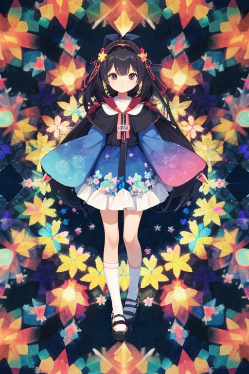 1girl, forest, cute, beauty, fantasy scene, kawaii style, (kaleidoscope effect:1.4), high angle shot, full body
