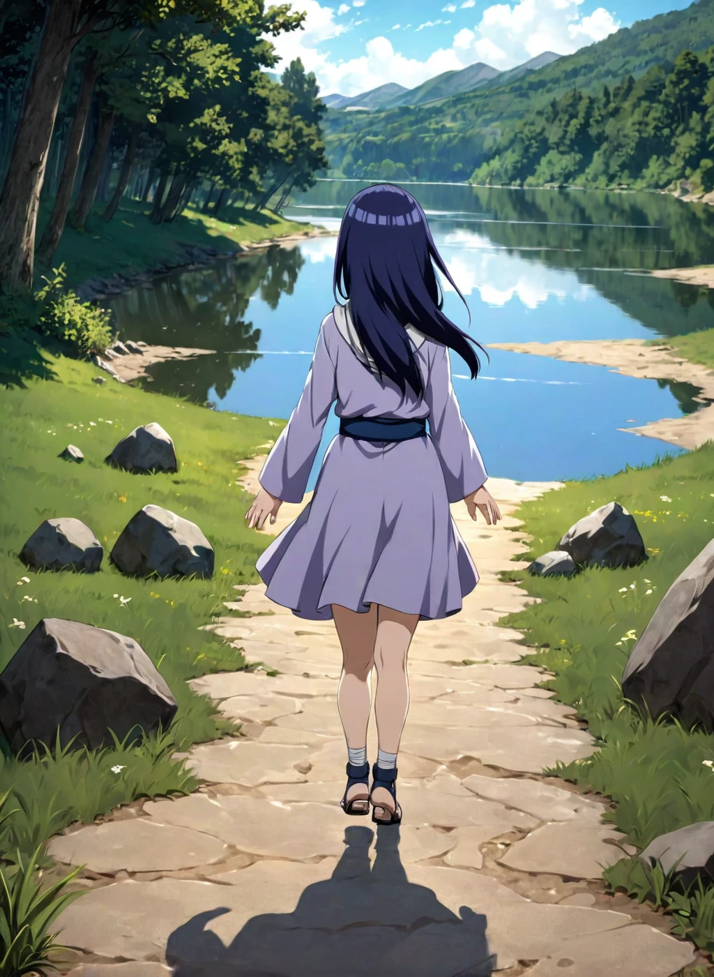  child-Hinata, (arms behind back), long hair, walk next to lake, [enchanting, surreal, studio lighting, HDR, UHD, K]