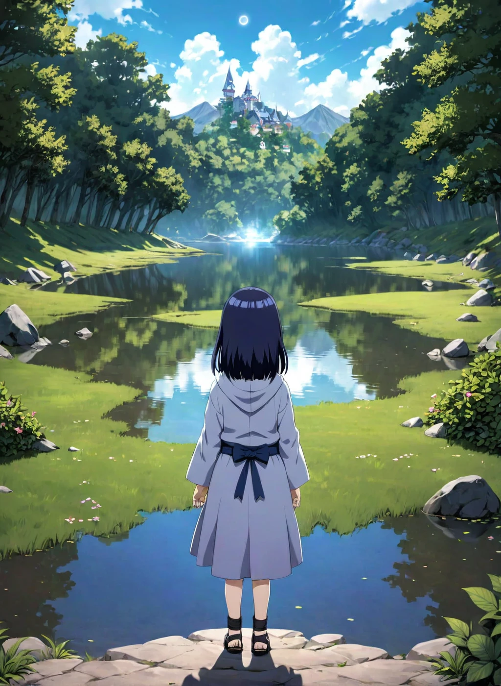  -Hinata, (arms behind back), long hair, walk next to lake, [enchanting, surreal, studio lighting, HDR, UHD, K]