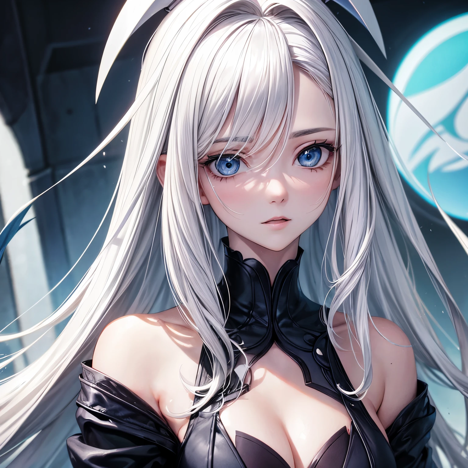 uma imagem de uma mulher de Cabelos escuros curtos, olhos azuis penetrantes, pale skin with some discreet scars. Veste-se com um traje de couro preto resistente, com facas e estacas escondidas.