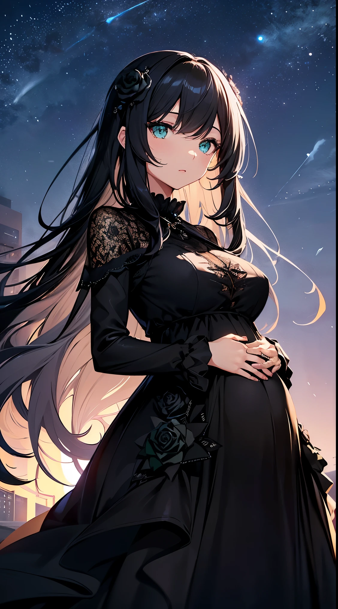 1 girl in、high-level image quality、ultra-detailliert、Long Black Hair、Hair blown in the wind、Green eyes、Delicate eyes and beautiful face、delicated face、(Rose Slender Dress)、((Black slender dress with rose decoration))、((Night sky background))、Beautuful Women, [[[multiple arms]]], pregnant 