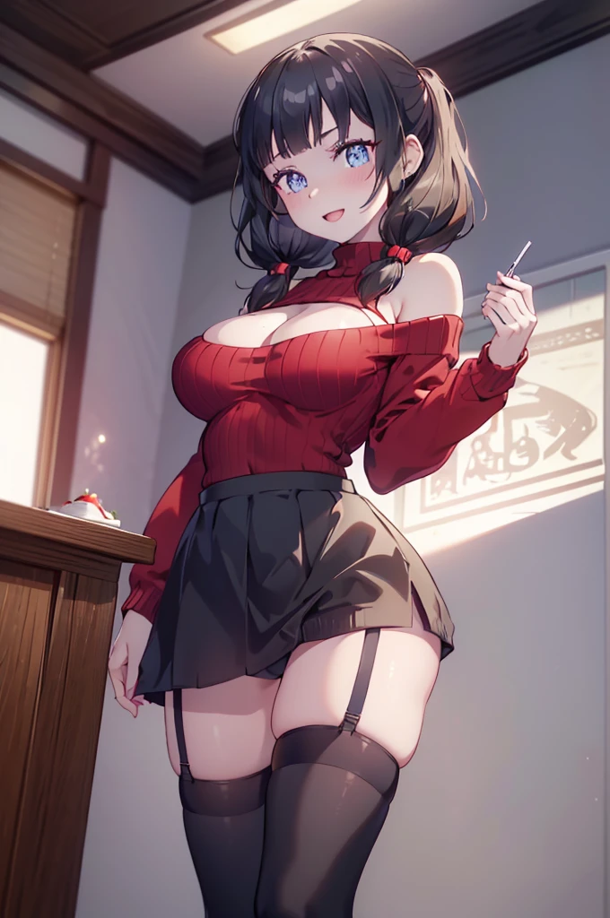 (dynamic angle:1.3, front view:1.1, breast focus:1.3, from below:1.2), (dynamic posing:1.5, sexy posing:1.2, leaning forward), (seductive smiling:1.3), ((looking at viewer, holding a cake)),highest quality、(real、photorealistic:1.4),(ultra high resolution, 8K RAW photo, clear focus), best qualtiy, natural lighting, field depth, (Bright pupils, detailed beautiful eyes, high detailed face), Red lip, (tight focus:1.2, from below), sexy posing, a girl 22yo old, teacher, wearing a , bootyshorts, Thicc, thin breast, long hair, blue eyes,off-shoulder dress, sweater dress, off-shoulder sweater, red sweater,garter stocking, cleavage:1.1, midriff, black shorts, black thighhighs, thigh strap, pretty girl, (highly detailed beautiful face and eyes,firm breasts),real skin,((black,hair,long pony tail hair)),thin pubic hair,cute,lovely, detailed eyes, This masterpiece is only visually stunning but also tells,(double breasted:1.0,under bust:1.0),(with sparkling eyes and a contagious smile),open mouth, Looking at Viewer,