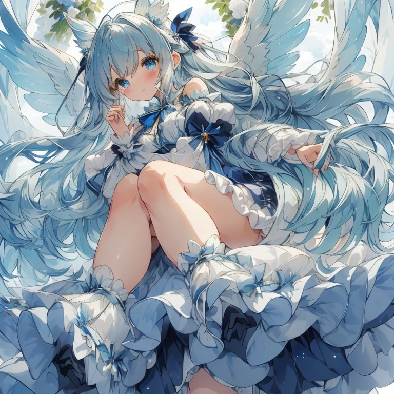 A beautiful moe anime-style girl with large, sparkling blue eyes and a fluffy appearance. She wears a dress with a detailed and delicate frilly design in blue and black tones, with many ribbons and star-shaped ornaments. She has wings of fantastic and detailed translucent white, and an aura of magical light accentuates the fantastic atmosphere. Her hair is in voluminous long waves with matching ribbons, creating a cute and whimsical look. The background is a dreamy cloudy sky with dusty lights, and the soft blue-green tones enhance her fantastic and gentle atmosphere. (( highest image quality, highest quality ))