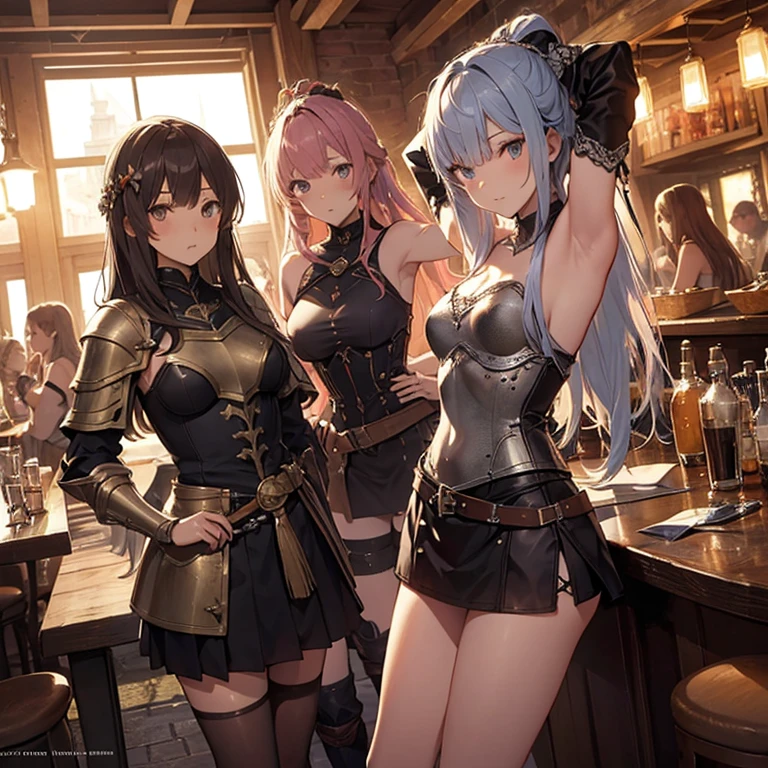 A group of female medieval fantasy adventurers, (in tavern), various hair styles, harem, night, details face, short skirt, seducing, sleeveless, armor, armpits