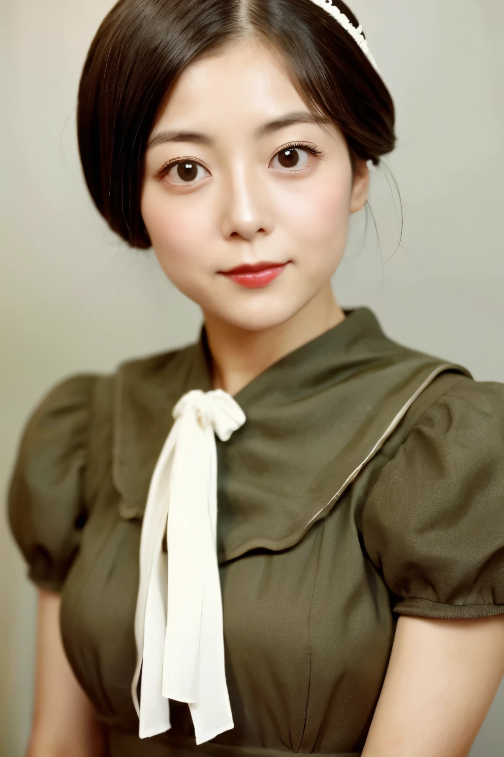 Skinny Japanese 40s woman in a costume of 1960s, cute face, detailed face, detailed eyes, a sepia-toned photo