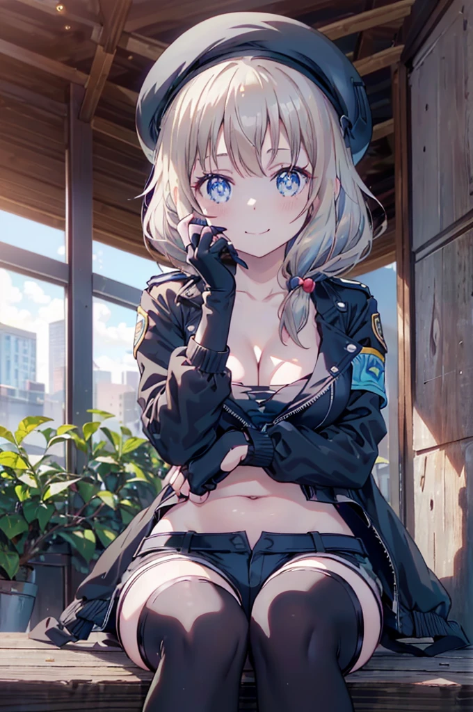 (from below:1.2),(from side:0.9), ((cute Face)), (Close-Up:0.6), ((looking at viewer, holding a icecream)),(Italian sweets magazine cover:0.4), highest quality、(real、photorealistic:1.5),(ultra high resolution,dark blue hair,long hair,side ponytail,hair between eyes,bangs, (beret, black jacket, open clothes, cleavage, midriff, black shorts, black thighhighs, thigh strap, fingerless gloves, single glove:1.2), (double breasted,under bust:1.2), sitting at a table, cute, anime visual of a cute girl, cute anime girl, eating cakes, young anime girl, guweiz, high quality anime artstyle, anime girl, artwork in the style of guweiz, beautiful anime girl, pretty anime girl, (anime girl), official artwork,(with sparkling eyes and a contagious smile),her thin pubic hair, looking at viewer, pose muy sexy"