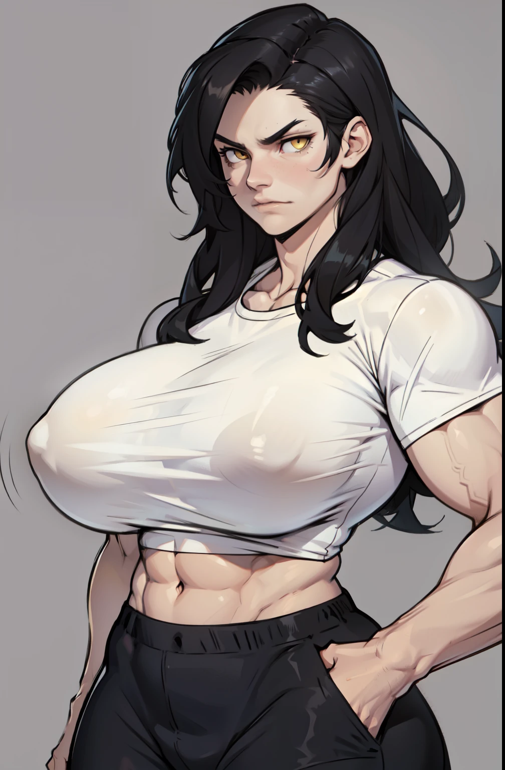 ((1 girl)), extremely long hair, solo, ((muscular)), veins, black hair, yellow eyes, pale skin, strong, veins, abs, (huge breasts), sulking tight shirt