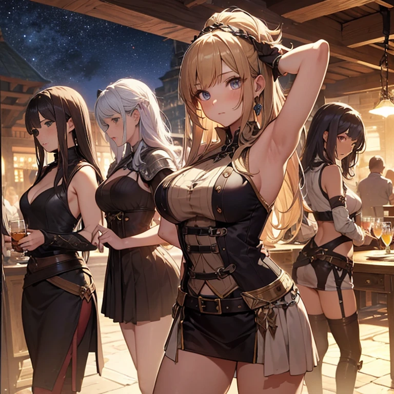 A group of female medieval fantasy adventurers, (in tavern), various hair styles, harem, night, details face, short skirt, seducing, sleeveless, armor, armpits