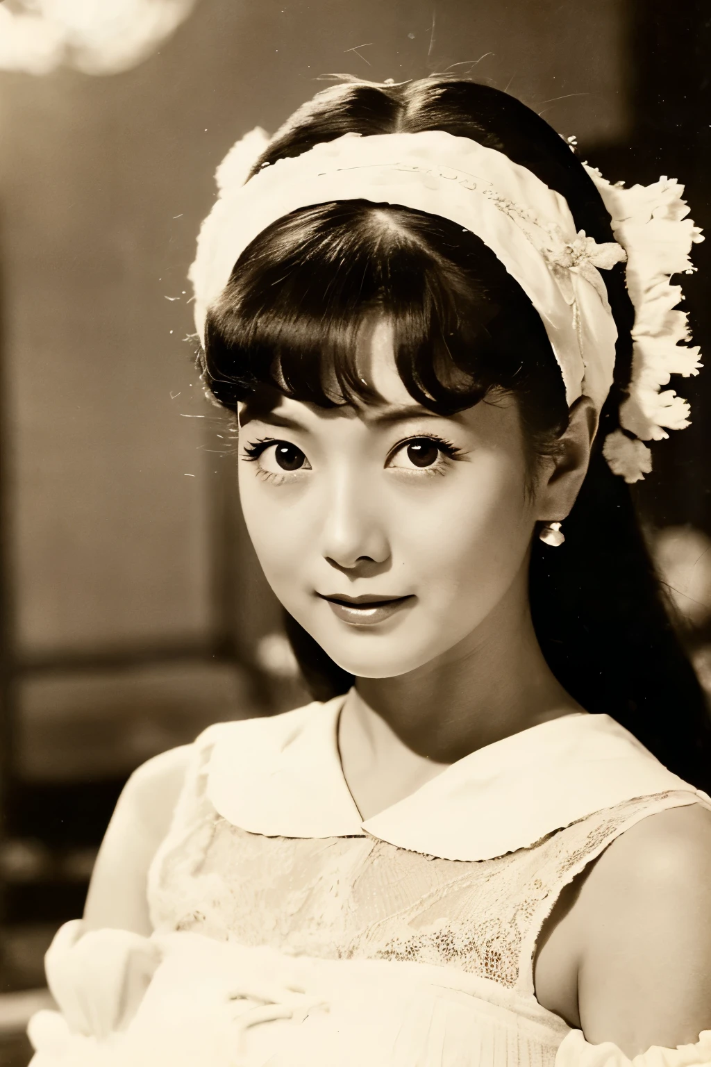 Skinny Japanese 40s woman in a costume of 1960s, cute face, detailed face, detailed eyes, a sepia-toned photo