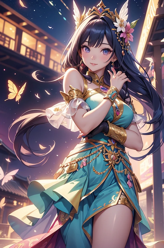 (best quality,4k,8k,highres,masterpiece:1.2),ultra-detailed,(realistic,photorealistic,photo-realistic:1.37),acrylic painting,beautiful Thai model in a Lolita dress with downy hair,beautiful Thai model with extremely colorful hair and detailed facial features,beautiful Thai model standing in a beautiful garden surrounded by a starry sky,beautiful Thai model wearing a vibrant Lolita dress,beautiful Thai model with intricate accessories and a matching hat,beautiful Thai model posing gracefully with her hands on her hips,beautiful Thai model with long flowing twintails,beautiful Thai model with bright blue eyes and rosy lips,beautiful Thai model with a joyful expression,beautiful Thai model in a dynamic pose with cherry blossoms falling around her,beautiful Thai model surrounded by colorful flowers and butterflies,beautiful Thai model's dress adorned with cute bows and lace details,beautiful Thai model with an enchanting smile,beautiful Thai model with soft, pastel-colored shading,beautiful Thai model with a magical glow illuminating her,beautiful Thai model in a picturesque setting with a winding path leading to a magnificent castle,beautiful Thai model holding a microphone and singing passionately,beautiful Thai model with a fairytale-like background,beautiful Thai model with a soft, dreamy atmosphere,beautiful Thai model with a subtle bokeh effect,beautiful Thai model standing under a moonlit sky,beautiful Thai model with a warm, golden sunset in the background,beautiful Thai model surrounded by twinkling stars and colorful nebulae,creating an ethereal and captivating artistic masterpiece.