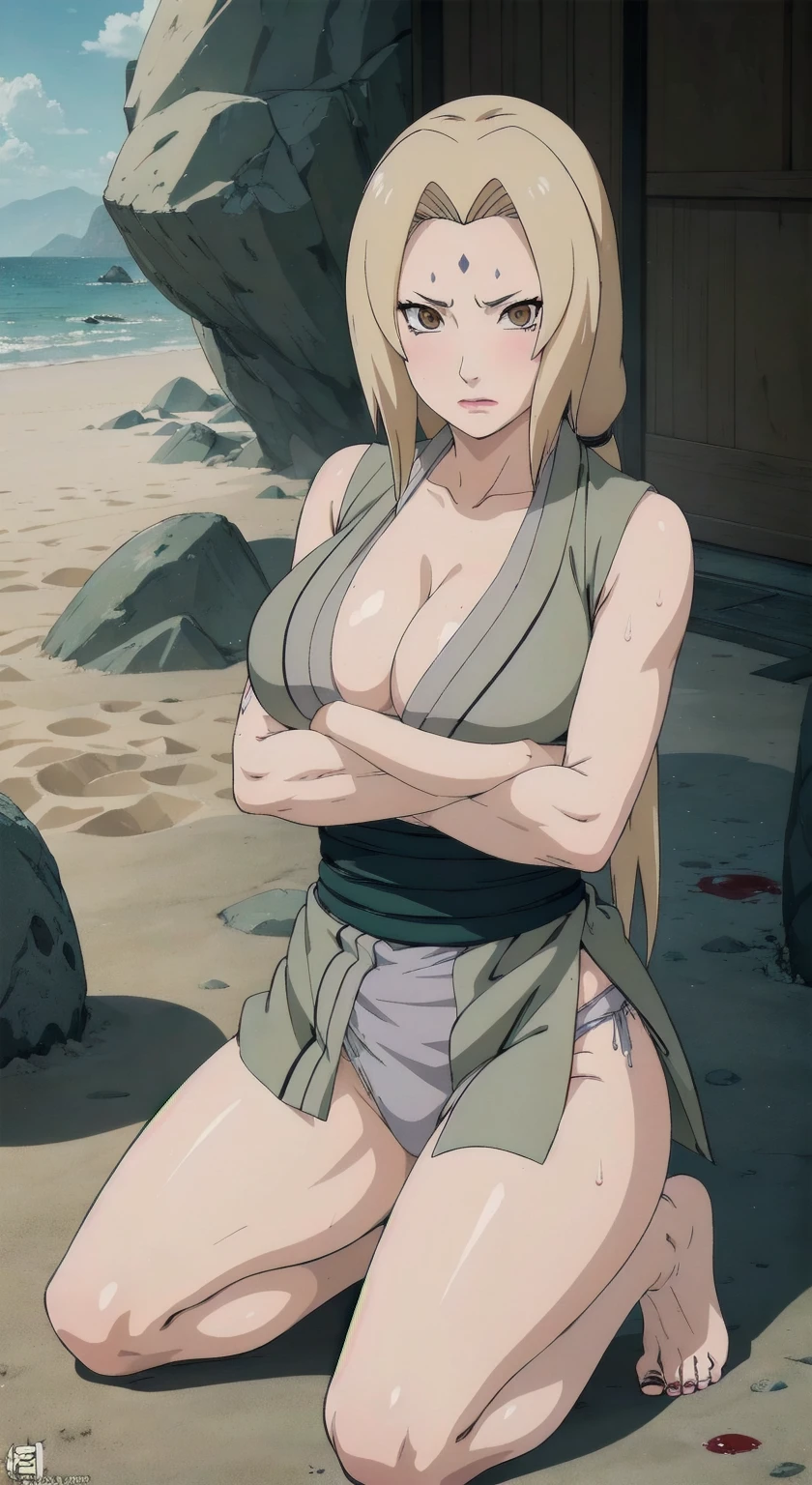 (masterpiece, highest quality:1.2), alone, One Girl, Tsunade Defense, Forehead mark, View your viewers、((Battle Scenes、Fighting Pose、Sweat、Sand smoke、blush、Raw、Rocky area、barefoot、Panties、Sleeveless、Blood、 exposed、Torn clothes、Large areola、Green haori、chest))、Beautiful girl with beautiful details, Professional photography lighting, Highly detailed eyes and face, Beautiful eyes in every detail、Beautiful detailed hair, Beautiful and exquisite cold face、anime