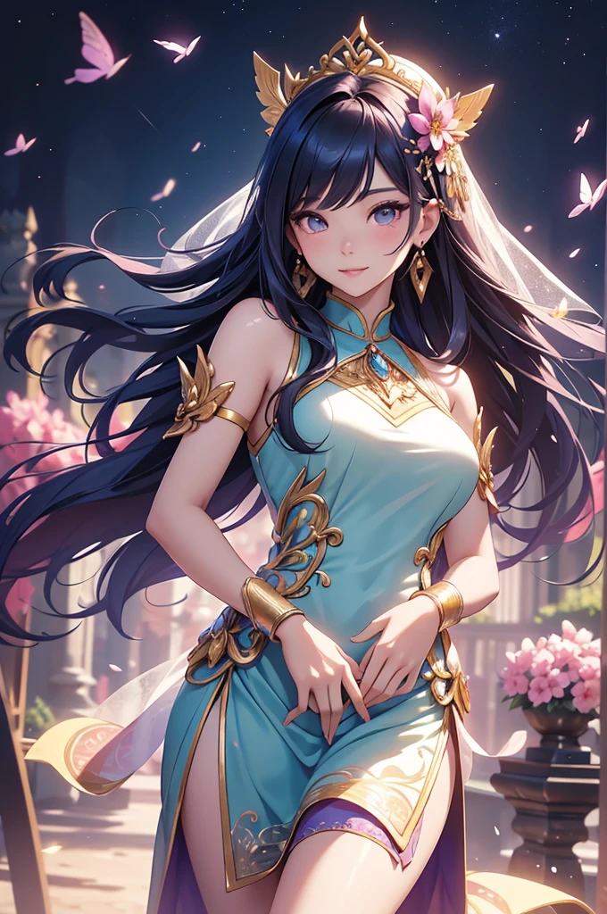 (best quality,4k,8k,highres,masterpiece:1.2),ultra-detailed,(realistic,photorealistic,photo-realistic:1.37),acrylic painting,beautiful Thai model in a ta dress with downy hair,beautiful Thai model with extremely colorful hair and detailed facial features,beautiful Thai model standing in a beautiful garden surrounded by a starry sky,beautiful Thai model wearing a vibrant Loliress,beautiful Thai model with intricate accessories and a matching hat,beautiful Thai model posing gracefully with her hands on her hips,beautiful Thai model with long flowing twintails,beautiful Thai model with bright blue eyes and rosy lips,beautiful Thai model with a joyful expression,beautiful Thai model in a dynamic pose with cherry blossoms falling around her,beautiful Thai model surrounded by colorful flowers and butterflies,beautiful Thai model's dress adorned with cute bows and lace details,beautiful Thai model with an enchanting smile,beautiful Thai model with soft, pastel-colored shading,beautiful Thai model with a magical glow illuminating her,beautiful Thai model in a picturesque setting with a winding path leading to a magnificent castle,beautiful Thai model holding a microphone and singing passionately,beautiful Thai model with a fairytale-like background,beautiful Thai model with a soft, dreamy atmosphere,beautiful Thai model with a subtle bokeh effect,beautiful Thai model standing under a moonlit sky,beautiful Thai model with a warm, golden sunset in the background,beautiful Thai model surrounded by twinkling stars and colorful nebulae,creating an ethereal and captivating artistic masterpiece. 