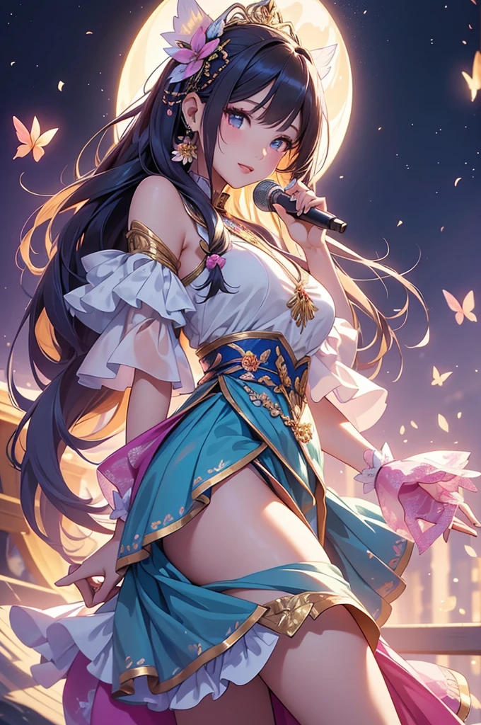 (best quality,4k,8k,highres,masterpiece:1.2),ultra-detailed,(realistic,photorealistic,photo-realistic:1.37),acrylic painting,beautiful Thai model in a Lolita dress with downy hair,beautiful Thai model with extremely colorful hair and detailed facial features,beautiful Thai model standing in a beautiful garden surrounded by a starry sky,beautiful Thai model wearing a vibrant Lolita dress,beautiful Thai model with intricate accessories and a matching hat,beautiful Thai model posing gracefully with her hands on her hips,beautiful Thai model with long flowing twintails,beautiful Thai model with bright blue eyes and rosy lips,beautiful Thai model with a joyful expression,beautiful Thai model in a dynamic pose with cherry blossoms falling around her,beautiful Thai model surrounded by colorful flowers and butterflies,beautiful Thai model's dress adorned with cute bows and lace details,beautiful Thai model with an enchanting smile,beautiful Thai model with soft, pastel-colored shading,beautiful Thai model with a magical glow illuminating her,beautiful Thai model in a picturesque setting with a winding path leading to a magnificent castle,beautiful Thai model holding a microphone and singing passionately,beautiful Thai model with a fairytale-like background,beautiful Thai model with a soft, dreamy atmosphere,beautiful Thai model with a subtle bokeh effect,beautiful Thai model standing under a moonlit sky,beautiful Thai model with a warm, golden sunset in the background,beautiful Thai model surrounded by twinkling stars and colorful nebulae,creating an ethereal and captivating artistic masterpiece.