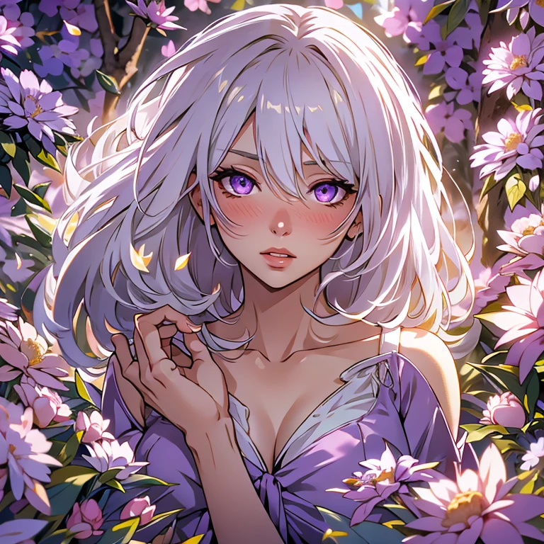 realistic, 1girl, white hair, purple eyes, glowing eyes, short dress, parted lips, blush, night, flowers, sun, sunlight,