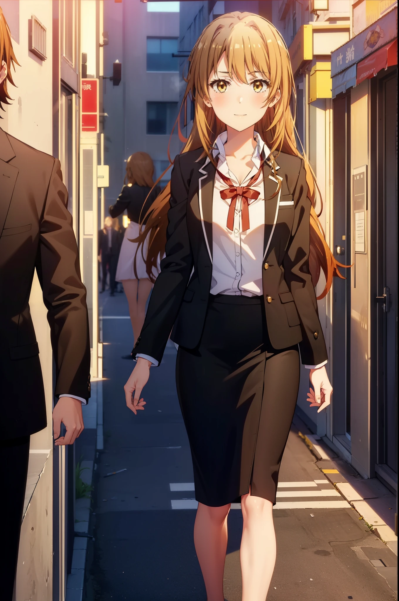 irohaisshiki, Iroha Isshiki, Long Hair, Brown Hair, (Brown eyes:1.5),  ,Hair between the eyes, smile,blush,happy smile, smile, Open your mouth,OL, Akagi glasses, Black suit jacket, Collared jacket, White dress shirt, Collared shirt, Neckline, button, Black pencil skirt, Black pantyhose,Stiletto heels,morning,morning陽,The sun is rising,Walking,whole bodyがイラストに入るように,
break outdoors, In town,Building district,crowd, people々々,
break looking at viewer, whole body, 
break (masterpiece:1.2), highest quality, High resolution, unity 8k wallpaper, (shape:0.8), (Beautiful details:1.6), Highly detailed face, Perfect lighting, Extremely detailed CG, (Perfect hands, Perfect Anatomy),