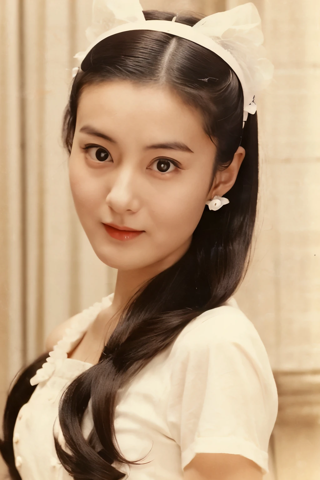 Skinny Japanese 40s woman in a costume of 1960s, cute face, detailed face, detailed eyes, a sepia-toned photo