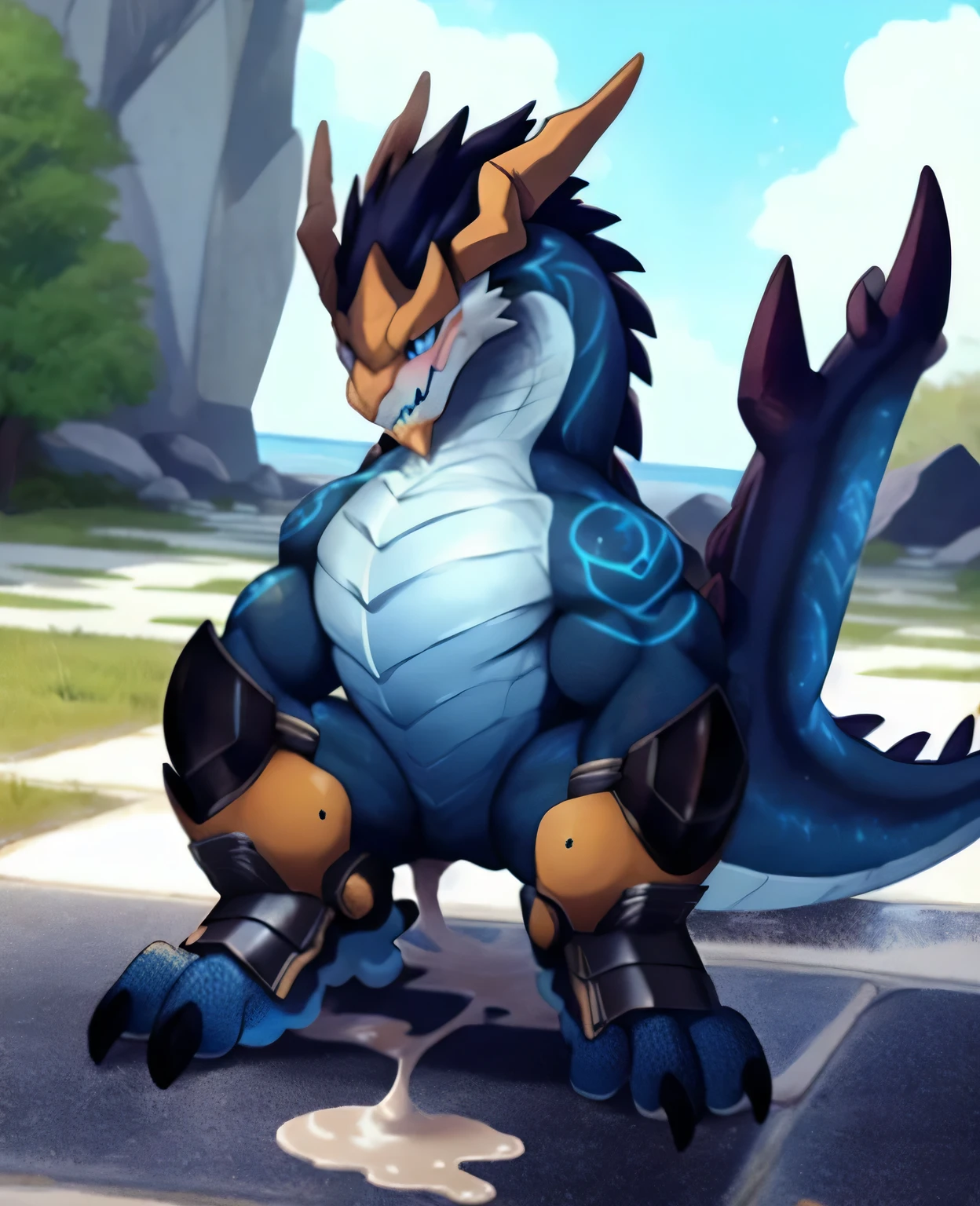 sky_go,Tail,armor,luminescent,dragon,blush,Wear,Milk spilled all over the floor,Splashed on