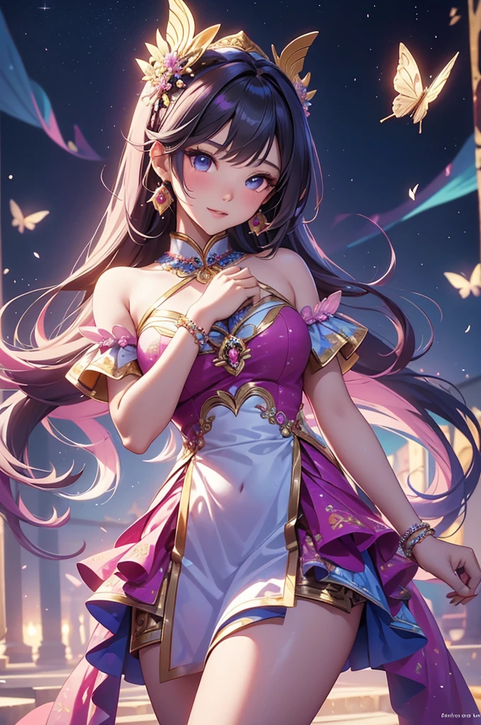 (best quality,4k,8k,highres,masterpiece:1.2),ultra-detailed,(realistic,photorealistic,photo-realistic:1.37),acrylic painting,beautiful Thai model in a Lolita dress with downy hair,beautiful Thai model with extremely colorful hair and detailed facial features,beautiful Thai model standing in a beautiful garden surrounded by a starry sky,beautiful Thai model wearing a vibrant Lolita dress,beautiful Thai model with intricate accessories and a matching hat,beautiful Thai model posing gracefully with her hands on her hips,beautiful Thai model with long flowing twintails,beautiful Thai model with bright blue eyes and rosy lips,beautiful Thai model with a joyful expression,beautiful Thai model in a dynamic pose with cherry blossoms falling around her,beautiful Thai model surrounded by colorful flowers and butterflies,beautiful Thai model's dress adorned with cute bows and lace details,beautiful Thai model with an enchanting smile,beautiful Thai model with soft, pastel-colored shading,beautiful Thai model with a magical glow illuminating her,beautiful Thai model in a picturesque setting with a winding path leading to a magnificent castle,beautiful Thai model holding a microphone and singing passionately,beautiful Thai model with a fairytale-like background,beautiful Thai model with a soft, dreamy atmosphere,beautiful Thai model with a subtle bokeh effect,beautiful Thai model standing under a moonlit sky,beautiful Thai model with a warm, golden sunset in the background,beautiful Thai model surrounded by twinkling stars and colorful nebulae,creating an ethereal and captivating artistic masterpiece.