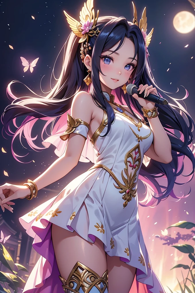 (best quality,4k,8k,highres,masterpiece:1.2),ultra-detailed,(realistic,photorealistic,photo-realistic:1.37),acrylic painting,beautiful Thai model in a Lolita dress with downy hair,beautiful Thai model with extremely colorful hair and detailed facial features,beautiful Thai model standing in a beautiful garden surrounded by a starry sky,beautiful Thai model wearing a vibrant Lolita dress,beautiful Thai model with intricate accessories and a matching hat,beautiful Thai model posing gracefully with her hands on her hips,beautiful Thai model with long flowing twintails,beautiful Thai model with bright blue eyes and rosy lips,beautiful Thai model with a joyful expression,beautiful Thai model in a dynamic pose with cherry blossoms falling around her,beautiful Thai model surrounded by colorful flowers and butterflies,beautiful Thai model's dress adorned with cute bows and lace details,beautiful Thai model with an enchanting smile,beautiful Thai model with soft, pastel-colored shading,beautiful Thai model with a magical glow illuminating her,beautiful Thai model in a picturesque setting with a winding path leading to a magnificent castle,beautiful Thai model holding a microphone and singing passionately,beautiful Thai model with a fairytale-like background,beautiful Thai model with a soft, dreamy atmosphere,beautiful Thai model with a subtle bokeh effect,beautiful Thai model standing under a moonlit sky,beautiful Thai model with a warm, golden sunset in the background,beautiful Thai model surrounded by twinkling stars and colorful nebulae,creating an ethereal and captivating artistic masterpiece. 