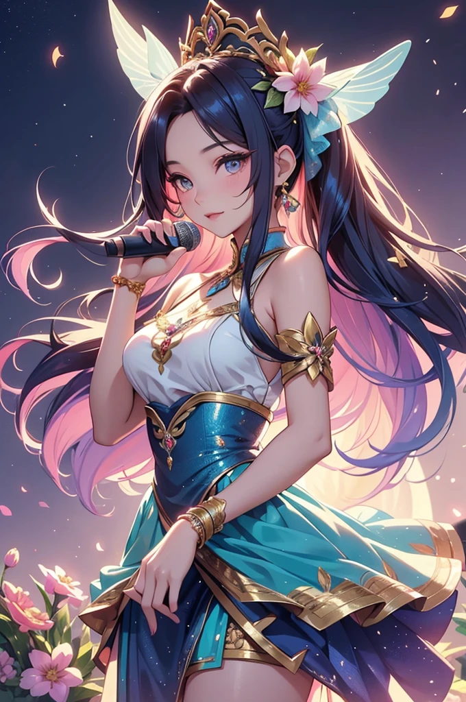 (best quality,4k,8k,highres,masterpiece:1.2),ultra-detailed,(realistic,photorealistic,photo-realistic:1.37),acrylic painting,beautiful Thai model in a Lolita dress with downy hair,beautiful Thai model with extremely colorful hair and detailed facial features,beautiful Thai model standing in a beautiful garden surrounded by a starry sky,beautiful Thai model wearing a vibrant Lolita dress,beautiful Thai model with intricate accessories and a matching hat,beautiful Thai model posing gracefully with her hands on her hips,beautiful Thai model with long flowing twintails,beautiful Thai model with bright blue eyes and rosy lips,beautiful Thai model with a joyful expression,beautiful Thai model in a dynamic pose with cherry blossoms falling around her,beautiful Thai model surrounded by colorful flowers and butterflies,beautiful Thai model's dress adorned with cute bows and lace details,beautiful Thai model with an enchanting smile,beautiful Thai model with soft, pastel-colored shading,beautiful Thai model with a magical glow illuminating her,beautiful Thai model in a picturesque setting with a winding path leading to a magnificent castle,beautiful Thai model holding a microphone and singing passionately,beautiful Thai model with a fairytale-like background,beautiful Thai model with a soft, dreamy atmosphere,beautiful Thai model with a subtle bokeh effect,beautiful Thai model standing under a moonlit sky,beautiful Thai model with a warm, golden sunset in the background,beautiful Thai model surrounded by twinkling stars and colorful nebulae,creating an ethereal and captivating artistic masterpiece.