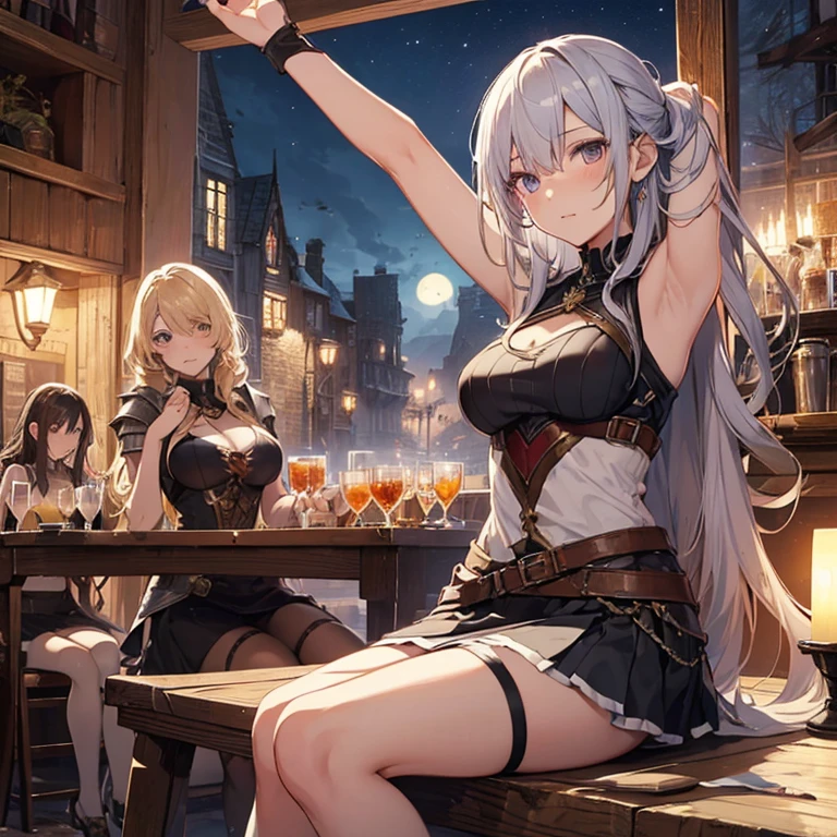 A group of  female medieval fantasy adventurers, (in tavern), various hair styles, harem, night, details face, short skirt, seducing, sleeveless, armor, armpits 