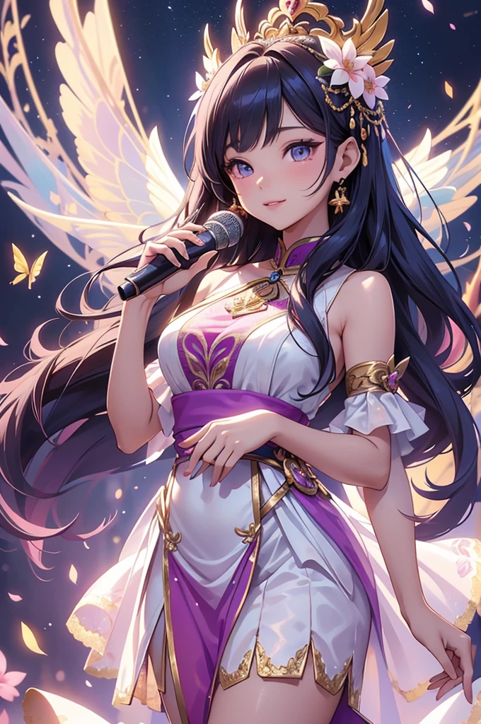 (best quality,4k,8k,highres,masterpiece:1.2),ultra-detailed,(realistic,photorealistic,photo-realistic:1.37),acrylic painting,beautiful Thai model in a Lolita dress with downy hair,beautiful Thai model with extremely colorful hair and detailed  features,beautiful Thai model standing in a beautiful garden surrounded by a starry sky,beautiful Thai model wearing a vibrant Lolita dress,beautiful Thai model with intricate accessories and a matching hat,beautiful Thai model posing gracefully with her hands on her hips,beautiful Thai model with long flowing twintails,beautiful Thai model with bright blue eyes and rosy lips,beautiful Thai model with a joyful expression,beautiful Thai model in a dynamic pose with cherry blossoms falling around her,beautiful Thai model surrounded by colorful flowers and butterflies,beautiful Thai model's dress adorned with cute bows and lace details,beautiful Thai model with an enchanting smile,beautiful Thai model with soft, pastel-colored shading,beautiful Thai model with a magical glow illuminating her,beautiful Thai model in a picturesque setting with a winding path leading to a magnificent castle,beautiful Thai model holding a microphone and singing passionately,beautiful Thai model with a fairytale-like background,beautiful Thai model with a soft, dreamy atmosphere,beautiful Thai model with a subtle bokeh effect,beautiful Thai model standing under a moonlit sky,beautiful Thai model with a warm, golden sunset in the background,beautiful Thai model surrounded by twinkling stars and colorful nebulae,creating an ethereal and captivating artistic masterpiece. 