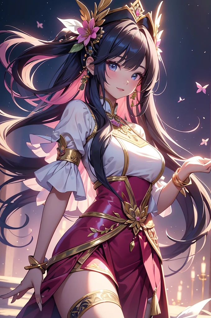 (best quality,4k,8k,highres,masterpiece:1.2),ultra-detailed,(realistic,photorealistic,photo-realistic:1.37),acrylic painting,beautiful Thai model in a ta dress with downy hair,beautiful Thai model with extremely colorful hair and detailed facial features,beautiful Thai model standing in a beautiful garden surrounded by a starry sky,beautiful Thai model wearing a vibrant Loliress,beautiful Thai model with intricate accessories and a matching hat,beautiful Thai model posing gracefully with her hands on her hips,beautiful Thai model with long flowing twintails,beautiful Thai model with bright blue eyes and rosy lips,beautiful Thai model with a joyful expression,beautiful Thai model in a dynamic pose with cherry blossoms falling around her,beautiful Thai model surrounded by colorful flowers and butterflies,beautiful Thai model's dress adorned with cute bows and lace details,beautiful Thai model with an enchanting smile,beautiful Thai model with soft, pastel-colored shading,beautiful Thai model with a magical glow illuminating her,beautiful Thai model in a picturesque setting with a winding path leading to a magnificent castle,beautiful Thai model holding a microphone and singing passionately,beautiful Thai model with a fairytale-like background,beautiful Thai model with a soft, dreamy atmosphere,beautiful Thai model with a subtle bokeh effect,beautiful Thai model standing under a moonlit sky,beautiful Thai model with a warm, golden sunset in the background,beautiful Thai model surrounded by twinkling stars and colorful nebulae,creating an ethereal and captivating artistic masterpiece.