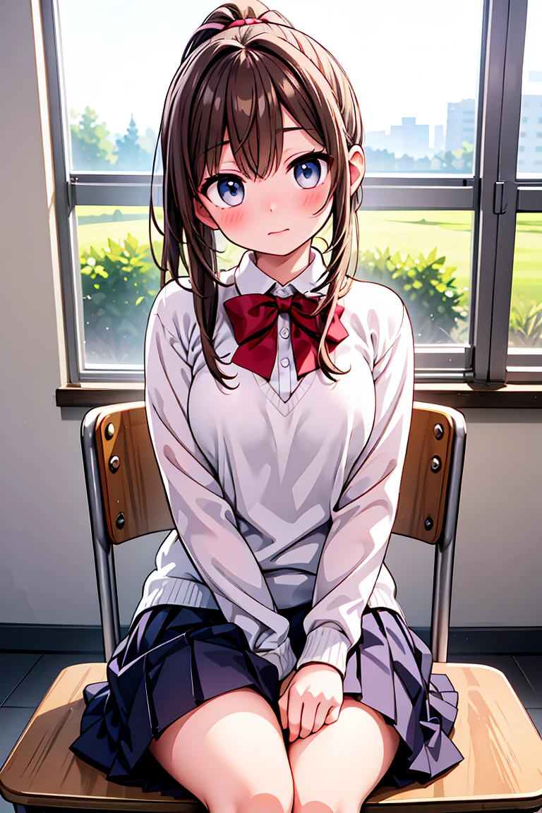 ((highest quality)), ((masterpiece)), (detailed), Perfect Face,anime,
masterpiece:1.2, highest quality), (Realistic, photoRealistic:1.4), Beautiful illustrations, (Natural Side Lighting, Cinema Lighting), Browsing Caution, View your viewers , Perfect Face, Cute and symmetrical face, Shiny skin, Light Brown Hair ,ponytail,sit in classroom,Window seat,He leaned his elbows on the desk and looked at me sitting next to him with an embarrassed look on his face..,