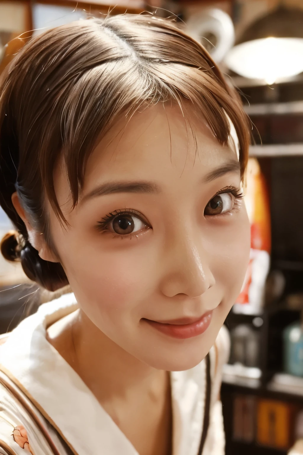 Skinny Japanese 40s woman in a costume of 1960s, cute face, detailed face, detailed eyes, a sepia-toned photo