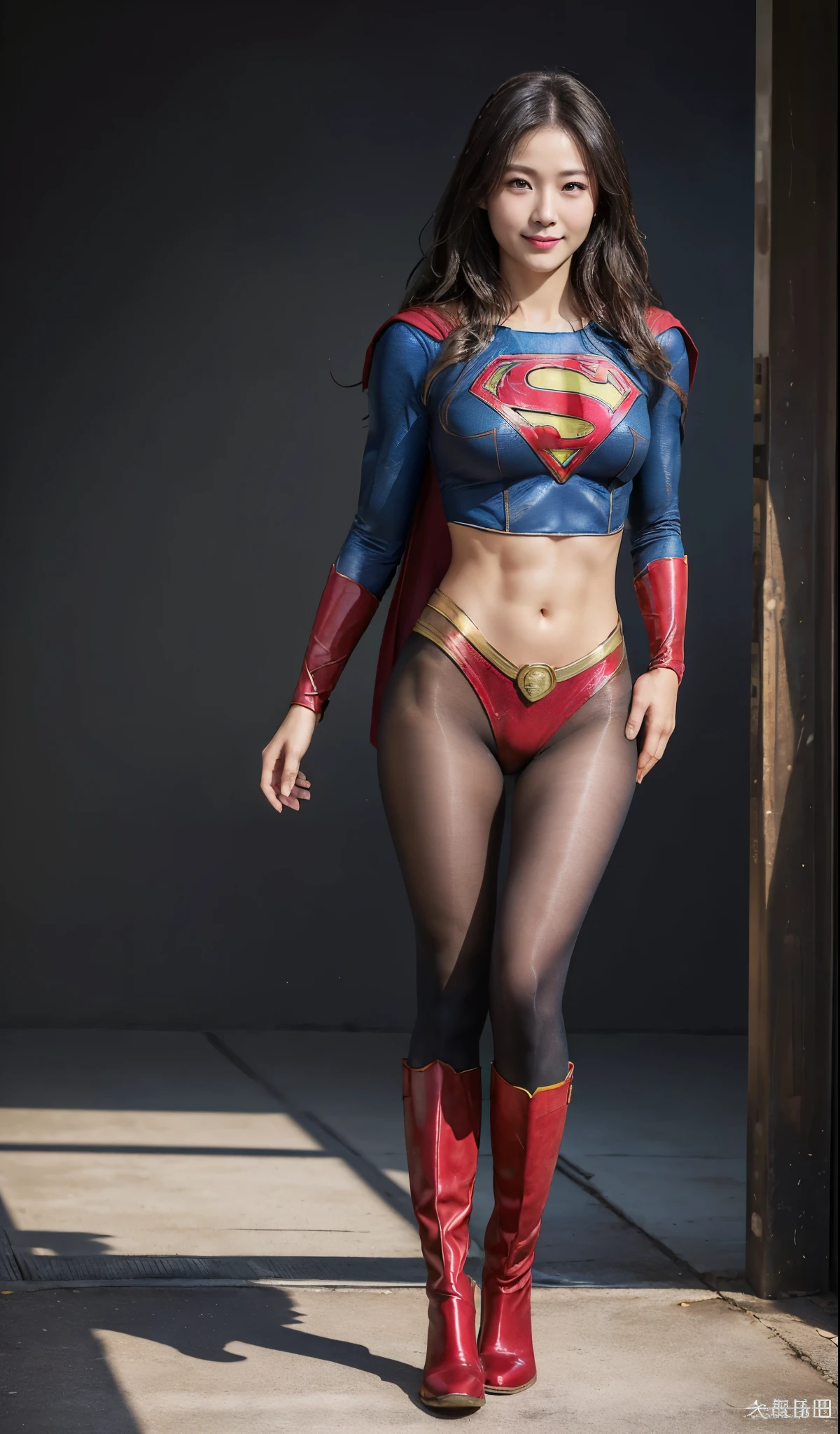 No background、(((Beautiful legs in black tights.)))、(((Legally express the beauty of your smile)))、((((Make the most of your original images)))、(((Supergirl Costume)))、(((Beautiful Hair)))、(((suffering)))、(((Please wear black tights....、Wear red boots)))、((Best image quality、8k))、((highest quality、8k、masterpiece:1.3))、(((Preserve background )))、Sharp focus:1.2、Beautiful woman with perfect figure:1.4、Slim Abs:1.2、Wet body:1.5、Highly detailed face and skin texture、8k