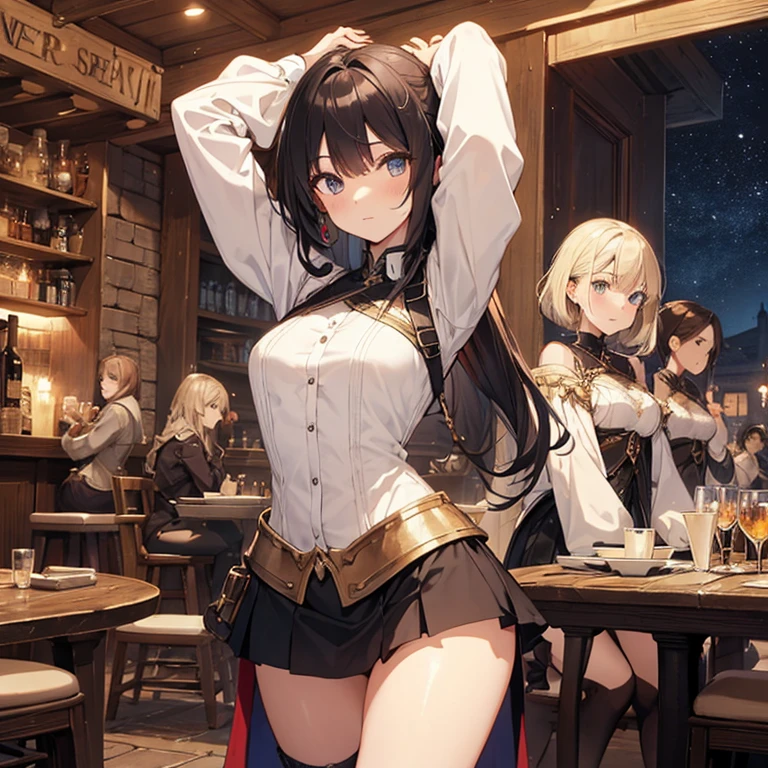 A group of female medieval fantasy adventurers, (in tavern), various hair styles, harem, night, details face, short skirt, seducing, long sleeve, armor, arms up