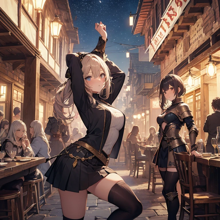 A group of female medieval fantasy adventurers, (in tavern), various hair styles, harem, night, details face, short skirt, seducing, long sleeve, armor, arms up