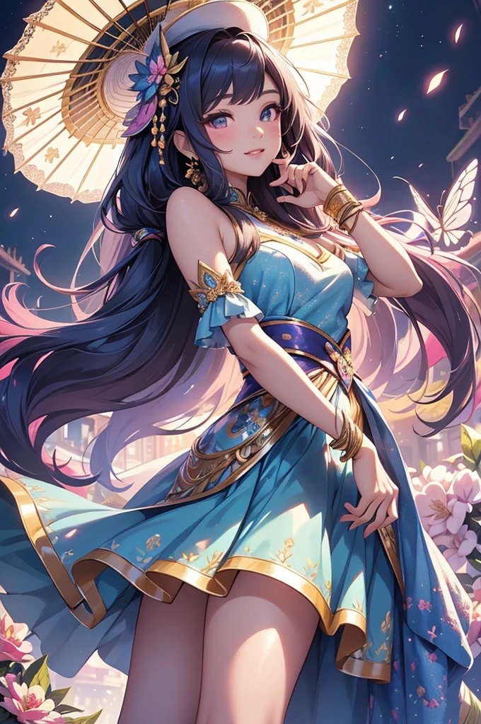 (best quality,4k,8k,highres,masterpiece:1.2),ultra-detailed,(realistic,photorealistic,photo-realistic:1.37),acrylic painting,beautiful Thai model in a Lolita dress with downy hair,beautiful Thai model with extremely colorful hair and detailed facial features,beautiful Thai model standing in a beautiful garden surrounded by a starry sky,beautiful Thai model wearing a vibrant Lolita dress,beautiful Thai model with intricate accessories and a matching hat,beautiful Thai model posing gracefully with her hands on her hips,beautiful Thai model with long flowing twintails,beautiful Thai model with bright blue eyes and rosy lips,beautiful Thai model with a joyful expression,beautiful Thai model in a dynamic pose with cherry blossoms falling around her,beautiful Thai model surrounded by colorful flowers and butterflies,beautiful Thai model's dress adorned with cute bows and lace details,beautiful Thai model with an enchanting smile,beautiful Thai model with soft, pastel-colored shading,beautiful Thai model with a magical glow illuminating her,beautiful Thai model in a picturesque setting with a winding path leading to a magnificent castle,beautiful Thai model holding a microphone and singing passionately,beautiful Thai model with a fairytale-like background,beautiful Thai model with a soft, dreamy atmosphere,beautiful Thai model with a subtle bokeh effect,beautiful Thai model standing under a moonlit sky,beautiful Thai model with a warm, golden sunset in the background,beautiful Thai model surrounded by twinkling stars and colorful nebulae,creating an ethereal and captivating artistic masterpiece.