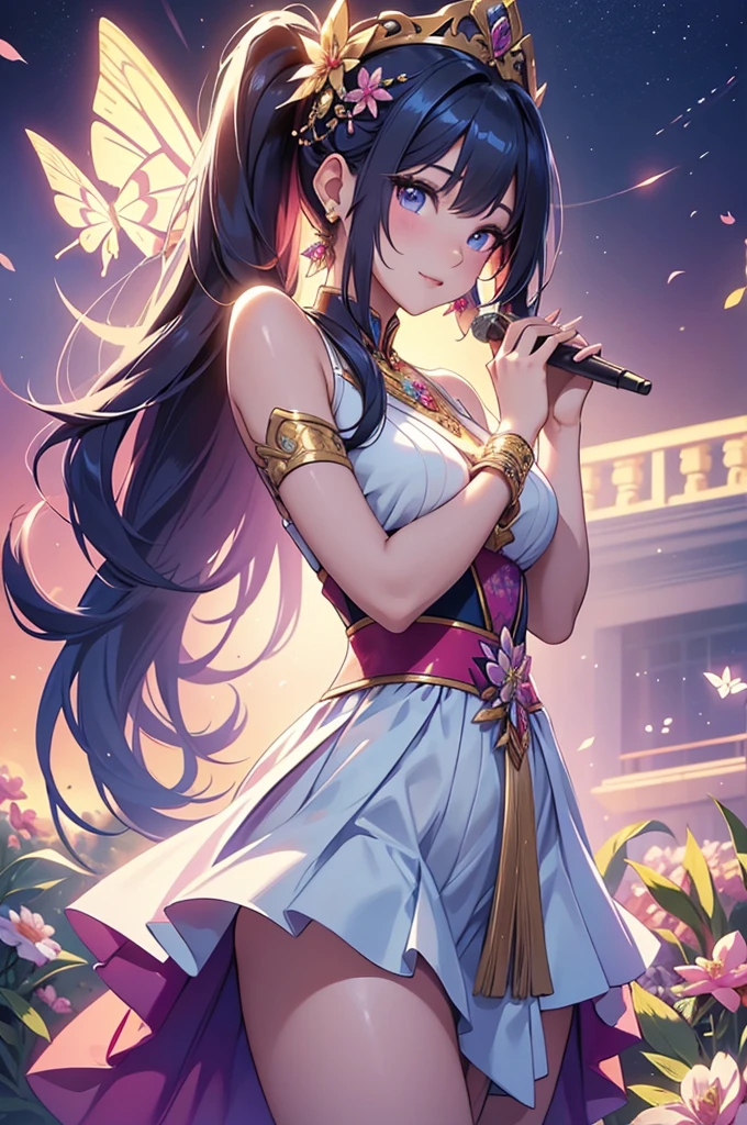 (best quality,4k,8k,highres,masterpiece:1.2),ultra-detailed,(realistic,photorealistic,photo-realistic:1.37),acrylic painting,beautiful Thai model in a ta dress with downy hair,beautiful Thai model with extremely colorful hair and detailed facial features,beautiful Thai model standing in a beautiful garden surrounded by a starry sky,beautiful Thai model wearing a vibrant Loliress,beautiful Thai model with intricate accessories and a matching hat,beautiful Thai model posing gracefully with her hands on her hips,beautiful Thai model with long flowing twintails,beautiful Thai model with bright blue eyes and rosy lips,beautiful Thai model with a joyful expression,beautiful Thai model in a dynamic pose with cherry blossoms falling around her,beautiful Thai model surrounded by colorful flowers and butterflies,beautiful Thai model's dress adorned with cute bows and lace details,beautiful Thai model with an enchanting smile,beautiful Thai model with soft, pastel-colored shading,beautiful Thai model with a magical glow illuminating her,beautiful Thai model in a picturesque setting with a winding path leading to a magnificent castle,beautiful Thai model holding a microphone and singing passionately,beautiful Thai model with a fairytale-like background,beautiful Thai model with a soft, dreamy atmosphere,beautiful Thai model with a subtle bokeh effect,beautiful Thai model standing under a moonlit sky,beautiful Thai model with a warm, golden sunset in the background,beautiful Thai model surrounded by twinkling stars and colorful nebulae,creating an ethereal and captivating artistic masterpiece.