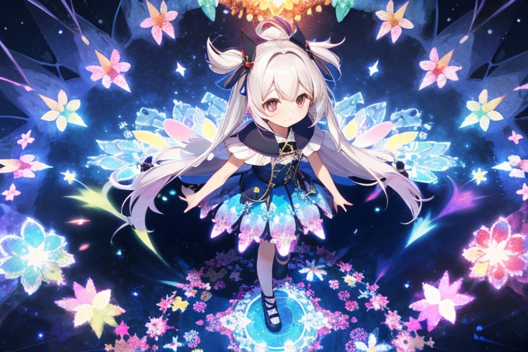 1girl, forest, cute, beauty, fantasy scene, kawaii style, (kaleidoscope effect:1.4), high angle shot, full body